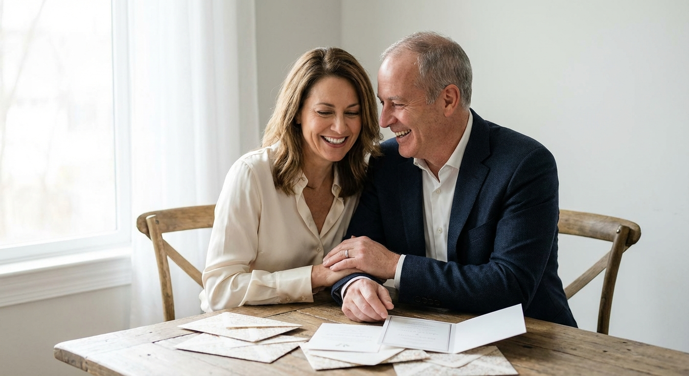 Happy mature couple reviewing their wedding invitation cards together at a wooden table